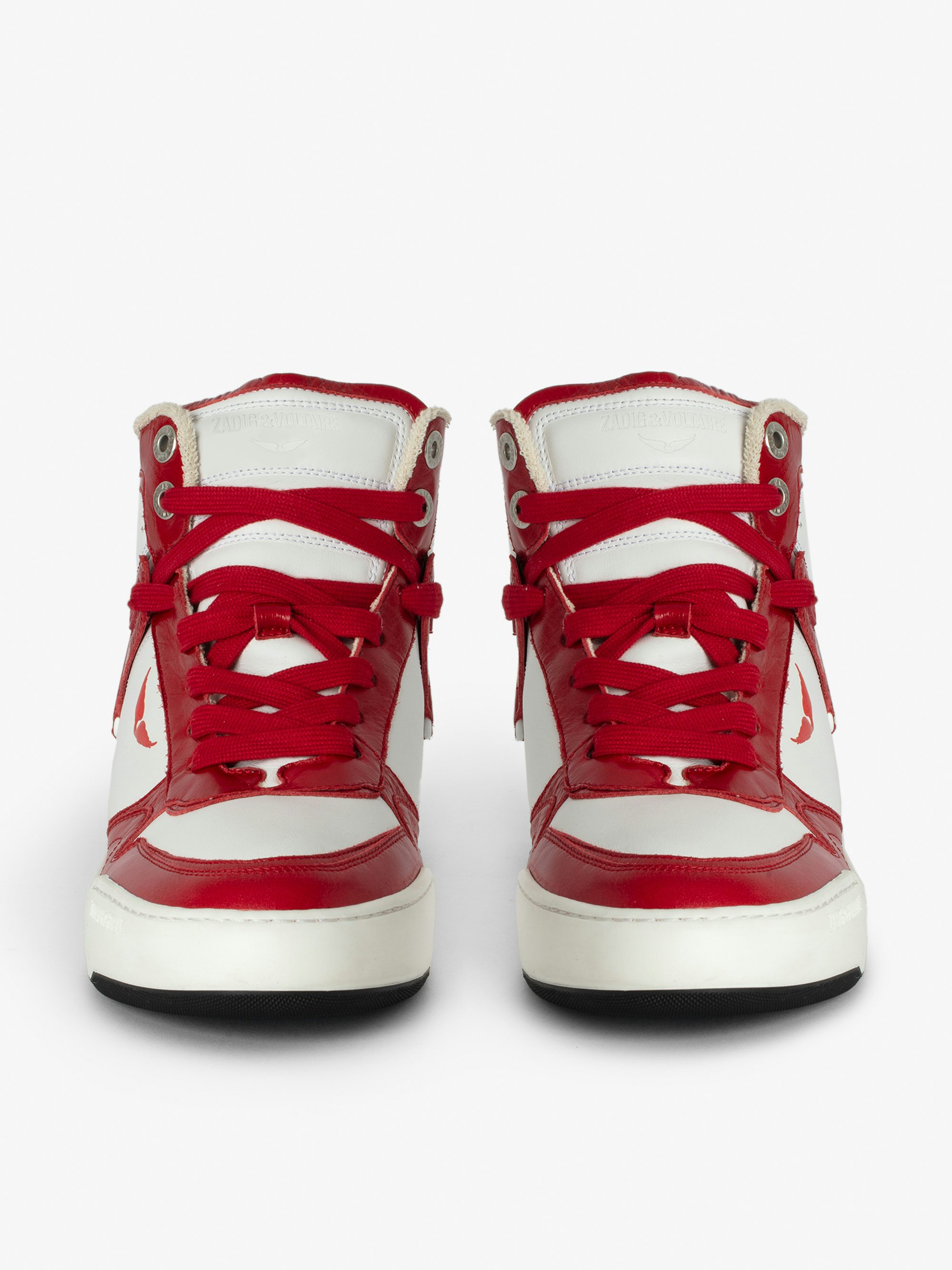 Men's High Wings Trainers - High-top trainers in smooth white leather, with red vintage leather inserts and wing signatures.  These trainers are made with materials that have a reduced environmental impact.